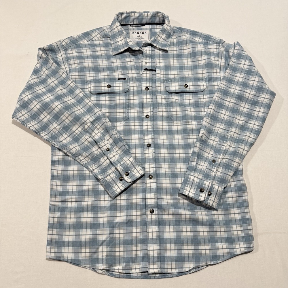 Poncho Outdoors The Blue Bison Flannel Shirt Mens M Regular Magnetic Plaid Blue